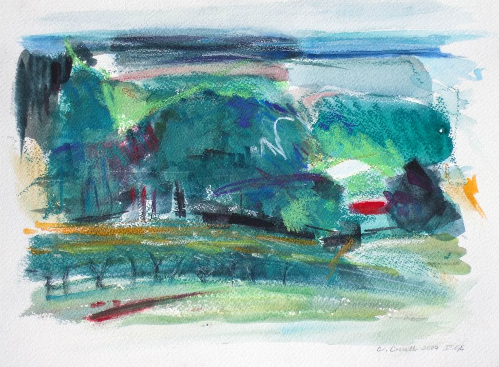 Vineyard Views, mixed water media on paper, 9"H x 12"W